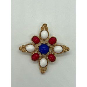 Vintage Signed Sarah Coventry Gold Tone Americana Red White Blue Cabochon Brooch